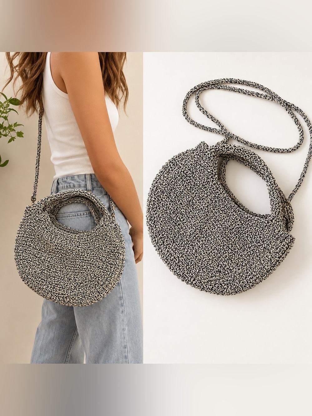 The Sak Hand Crocheted Black & Ivory Convertible‎ Crossbody Shoulder Bag Boho